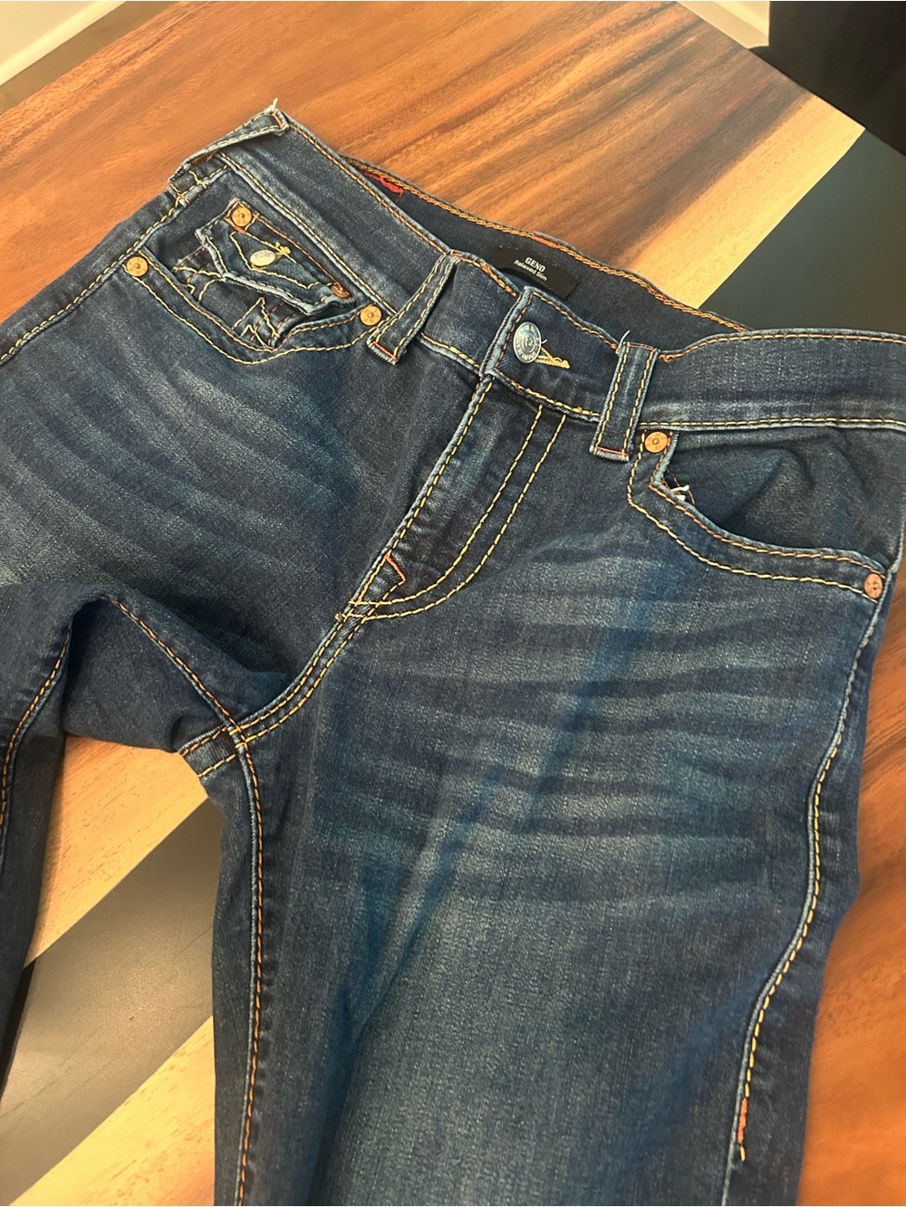 True Religion Men's Indigo Slim Straight Jeans with Contrast Stitching